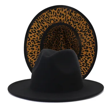 HOAREE Leopard Jutos Fedora Platām Malām Derby Top Cepure Panama Cepures Vīriešiem Sievietes Mākslīgās Vilnas Maisījums Melnā Britu Džeza Klp