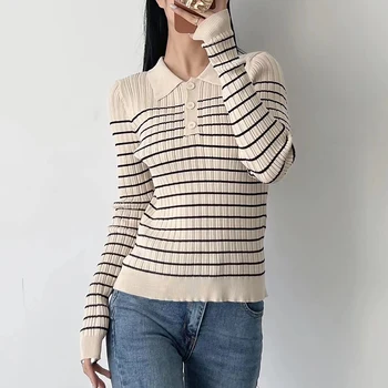 2022. Gada Rudens Sieviešu Svītrainu Trikotāžas Džemperis Modes ElasticTurn Apkakle Mēteļi Gadījuma Mīksto Garām Piedurknēm Streetwear