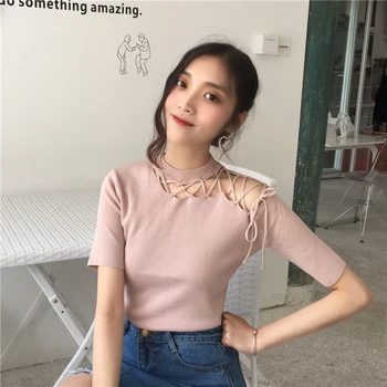 Vasarā Pie Pleca Top Krekls Trikotāžas Sexy Sievietes Dobi No Pārsējs T-krekls Sieviešu korejas Modes Šiks Apģērbu ar Īsām Piedurknēm