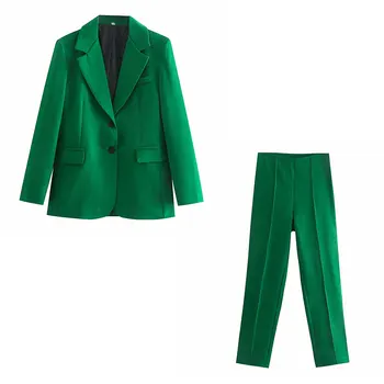 Nlzgmsj Za Sievietes Ir 2021. Sieviešu Uzvalks Uzstādīt Zaļās Kabatas Rotā Žakete Uzvalks Elegants Birojs Lady 2 Gabals, kas Žakete Un Bikses 202107