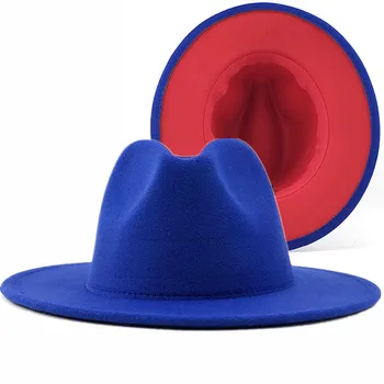 Modes 2021 Ārējais Zilais Iekšējo Dzeltena Raibs Vilnas Filcs, Fedora Cepuri Vienkārši Unisex Kokvilnas Poliestera Platām Malām Fedora Panamas Cepure