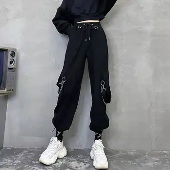 Sieviešu Kravas Bikses Punk Kabatas Jogger Bikses Ar Ķēdes Harajuku Gumijas Augsta Vidukļa Streetwear Black Kravas Bikses Pantalon 4xl