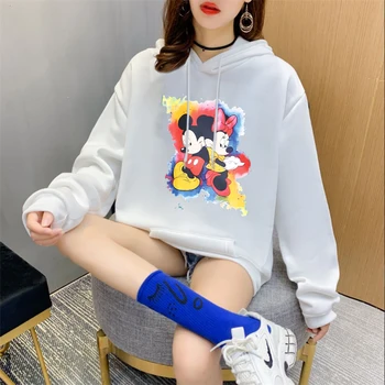 Disney Minnie Mouse Kapuci Sporta Krekls Uzdrukāts Ar Garām Piedurknēm Mickey Mouse Hoodies Sieviešu Anime Biezi Siltas Kabatas Puloveri Top Kritumu