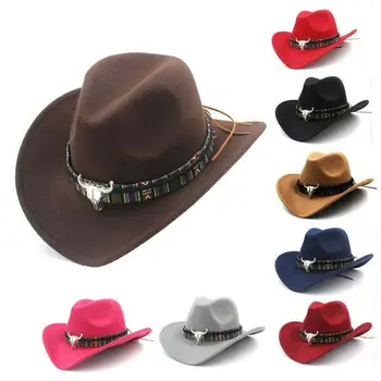 Sieviešu Vīriešu Cepure Rietumu Cowgirl Kovboju Cepures, Rudens Cepures Ziemas Vilnas Platām Malām Džeza Klp Metāla Vērša Galvu Dizaina Vairumtirdzniecība