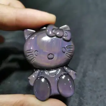 Dabas Varavīksnes obsidian Hellow Kitty Figūriņas Cirsts Akmens crystal Cat statuja