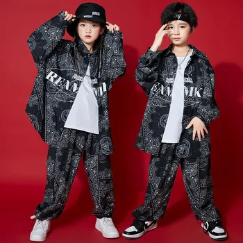 Zēni, Ielu Deju Long Sleeve Melns Krekls Jogger Meitene Hip Hop Blūze Paisley Drukas Sporta Bikses Apģērbu Komplekti Bērniem Džeza Streetwear