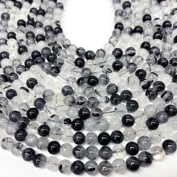 Dabas black rutiled kvarca gluda, apaļa akmens krelles, kristāla rokdarbi, padarot rotaslietas vaļīgs perle DIY Aproce, kaklarota