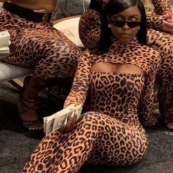 Hirigin Rudens Sieviešu Leopard divdaļīgs Kostīms Augstas Kaklu garām Piedurknēm Crop Topi Slim, Sexy Kleitas Modes Sieviešu Izdilis Kleita Komplekti