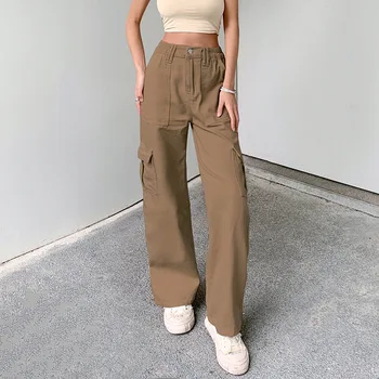 Streetwear Kravas Bikses Sievietēm Y2K Augsta Vidukļa Flap Kabatas Plaša Kāju Bikses Vaļīgas Taisnas Bikses 2022 Modes Vintage Gadījuma Džinsi