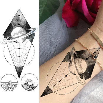 Ģeometrisko Ziedu Pagaidu Tetovējumu Uzlīmes Viltus Planētām Minimālisma Tetovējums Sievietēm, Vīriešiem Body Art Tetovējumiem Ūdensizturīgs Melns Tetovējums