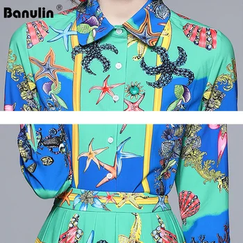 Pavasara Modes Skrejceļa Midi Svārki Komplekti Sieviešu garām Piedurknēm Green Blue Ziedu Drukāt Blūze, Krekls un Kroku Svārki Divas Gabals Uzvalks